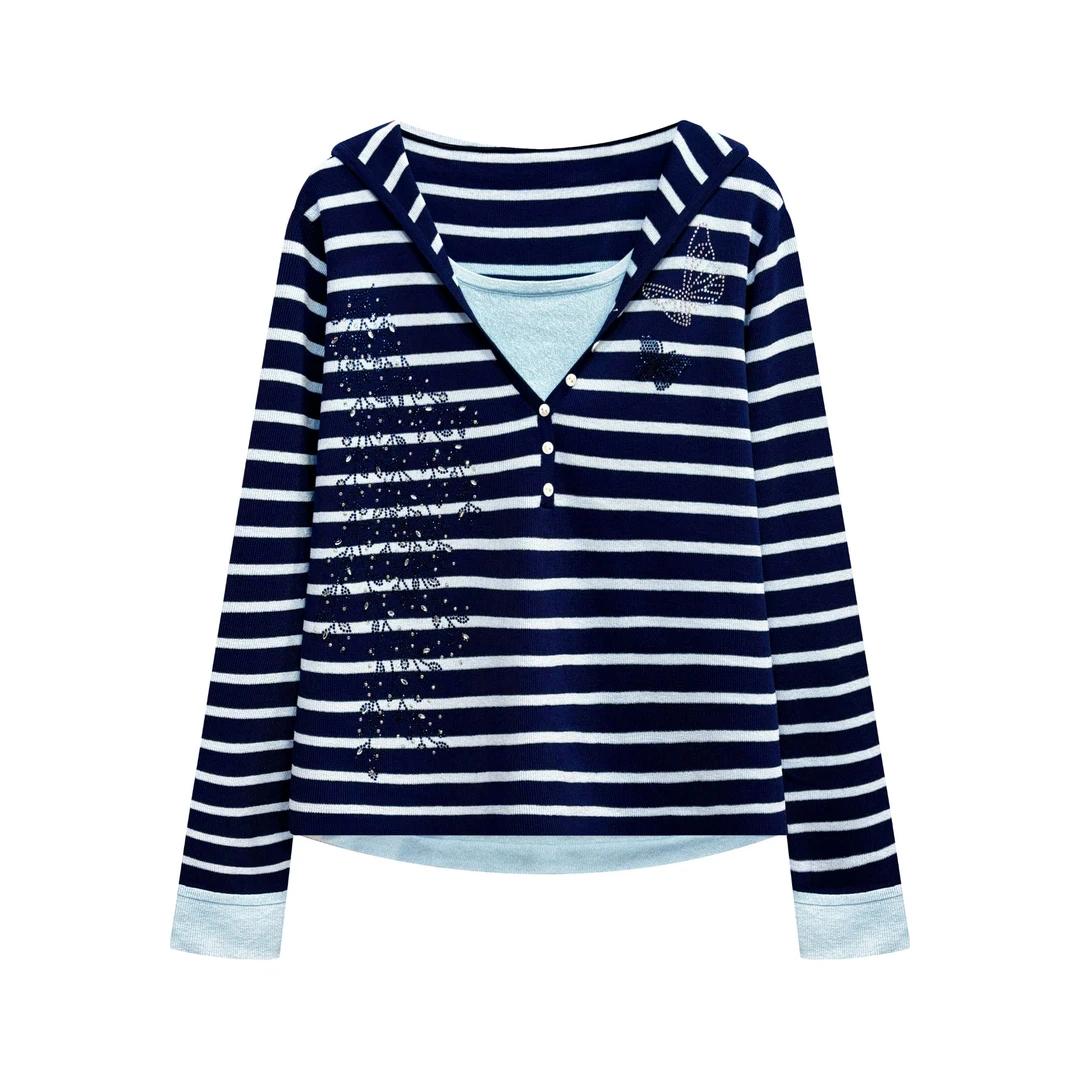 2025春季新款时尚花烫钻休闲百搭蓝条纹针织上衣#6589