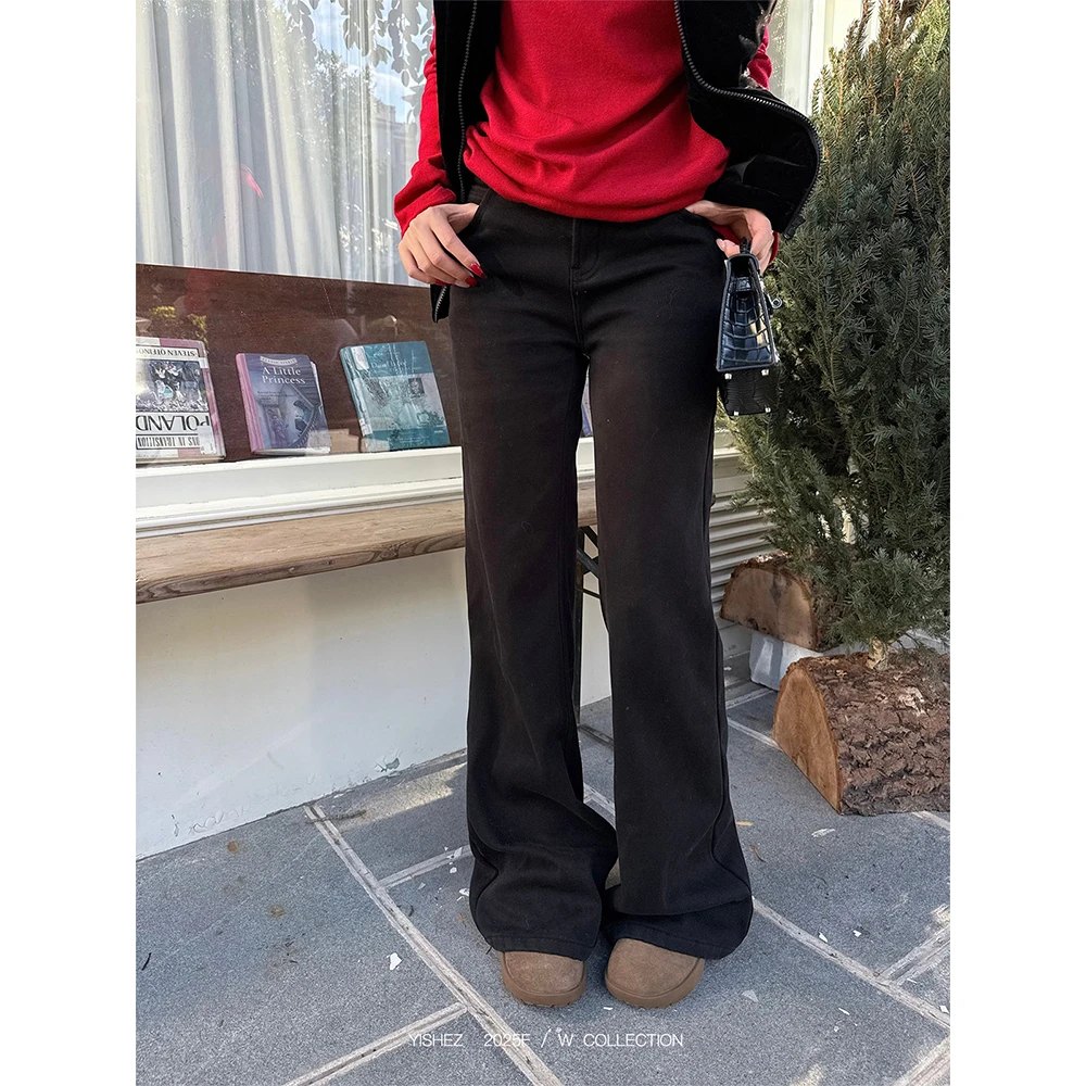 YISHEZ“蓄热裤”复古低腰显瘦微喇牛仔裤女2025冬季新款拖地裤