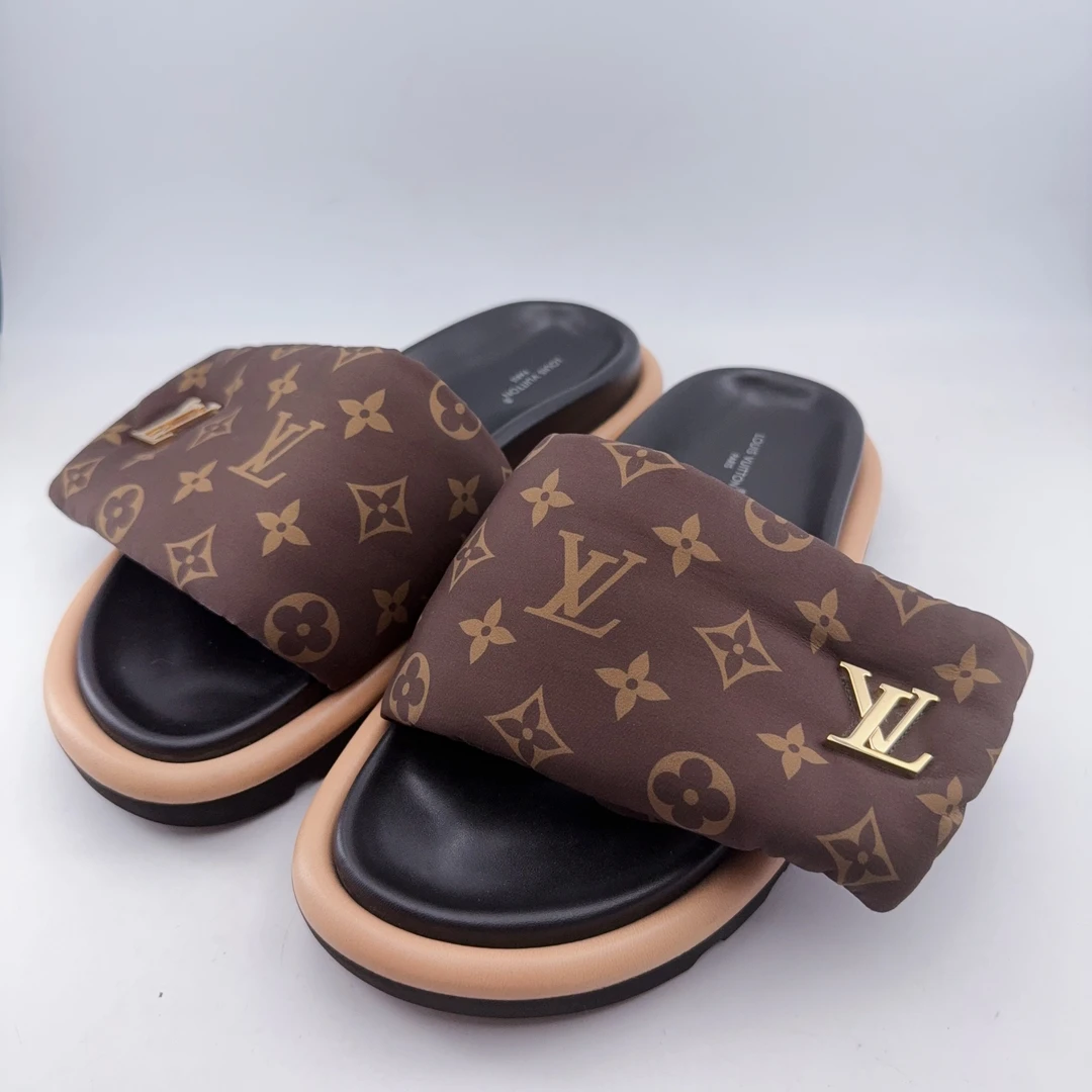 95新 LouisVuitton/路易威登 37码/棕老花金标魔术贴面包拖鞋