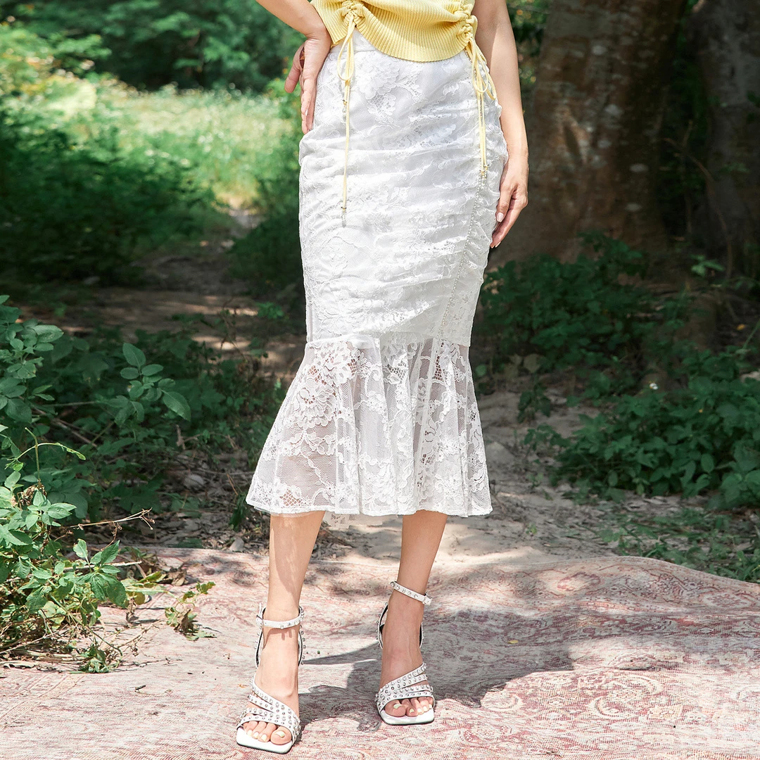 蕾丝抽褶包臀鱼尾裙夏设计感半身蕾丝裙