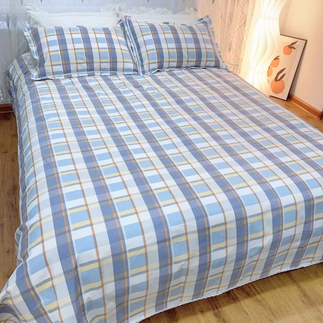 【浅蓝格韵】加厚精纺原棉帆布老粗布花边三件套四季吸汗透气