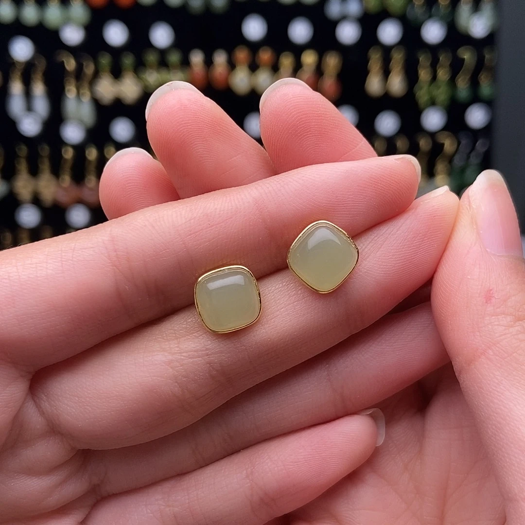 和田玉（白玉）银S925镀金镶嵌耳饰