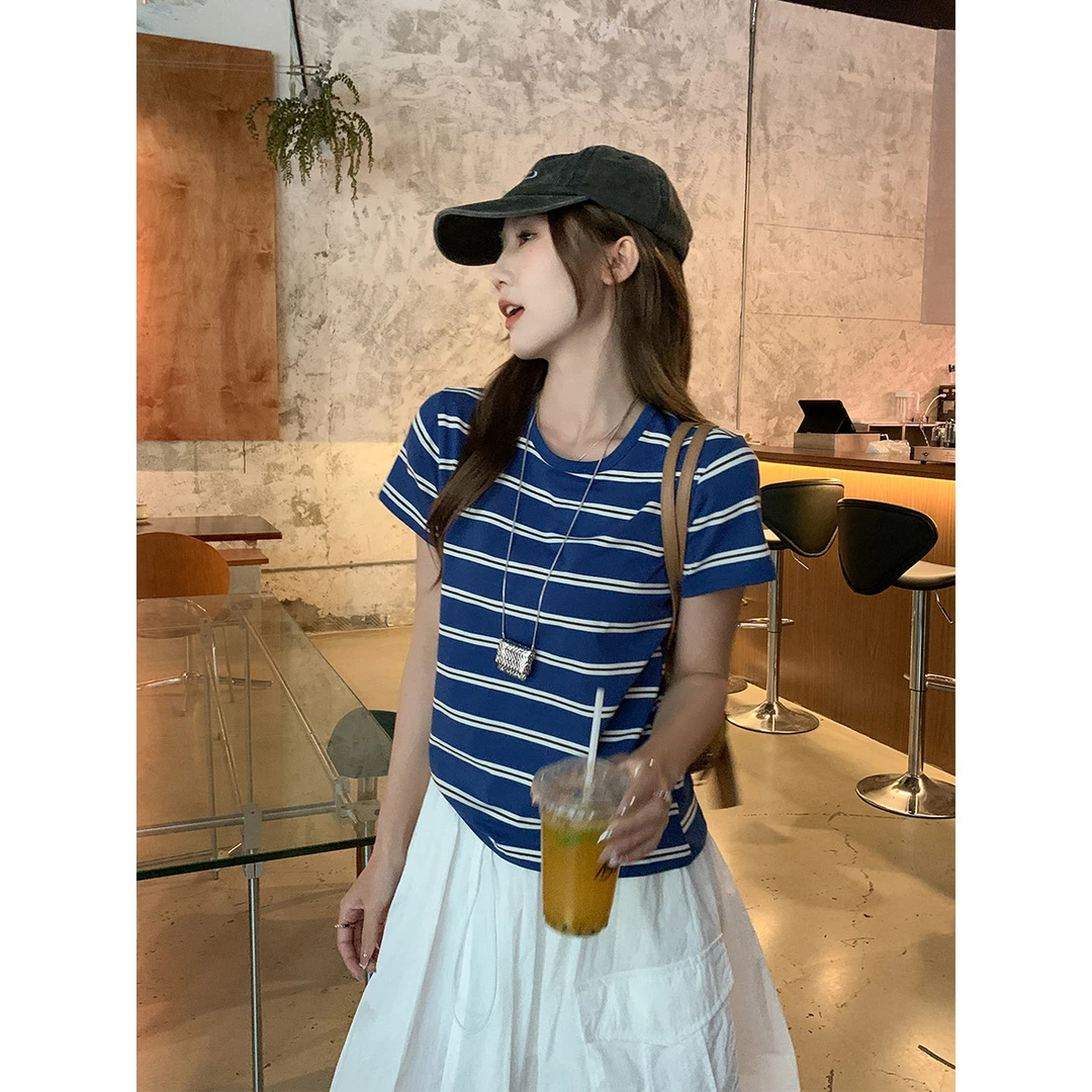 时尚撞色条纹短袖T恤女春夏2025新款宽松显瘦小个子圆领别致上衣