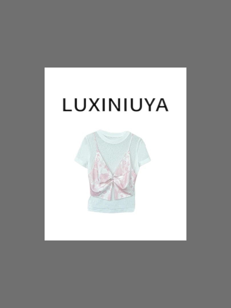 【LUXINIUYA】莱赛尔设计感老花吊带假两件时尚短袖T恤#CX3424