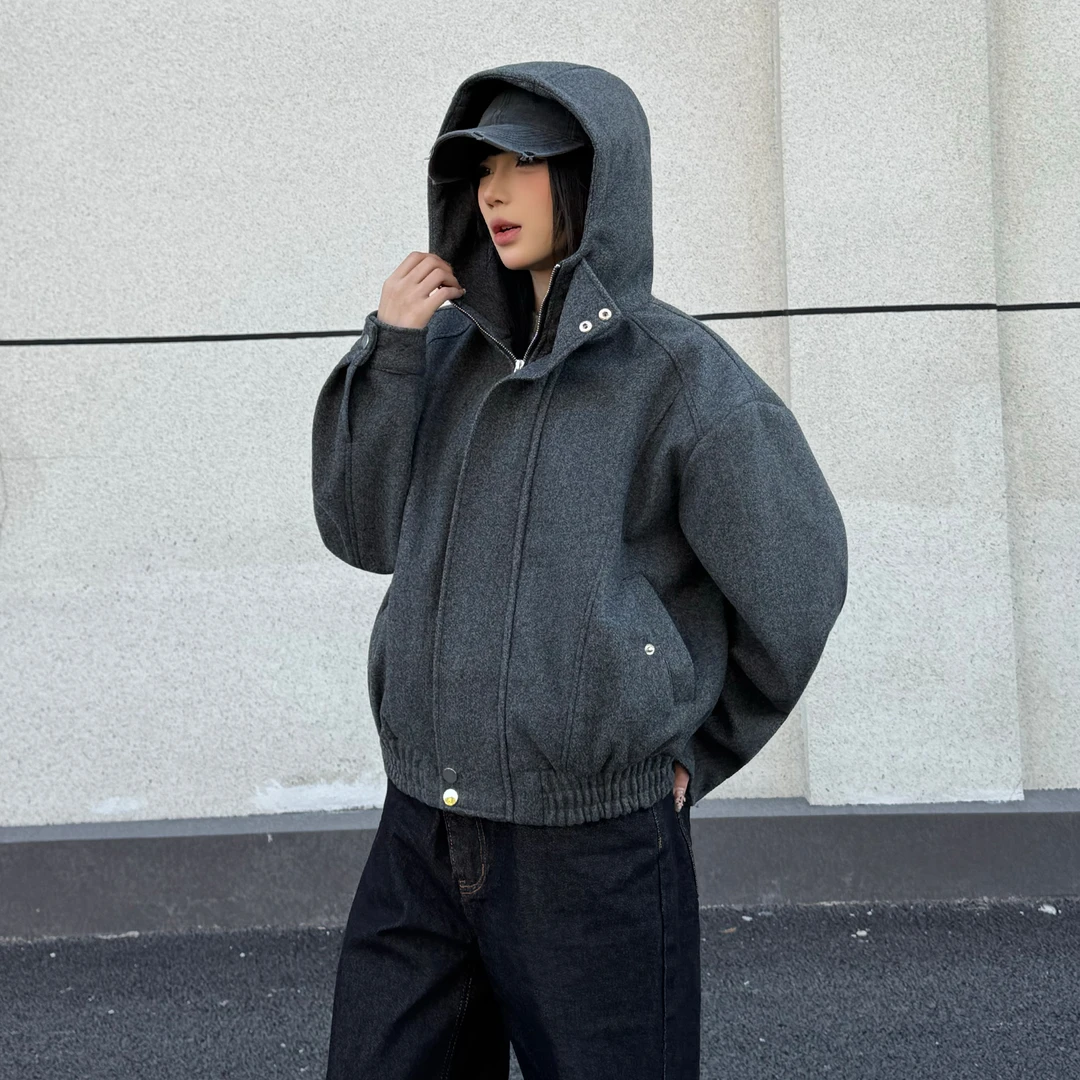 OneQony美式复古重磅短款绒皮连帽外套男冬季氛围感夹棉夹克上衣