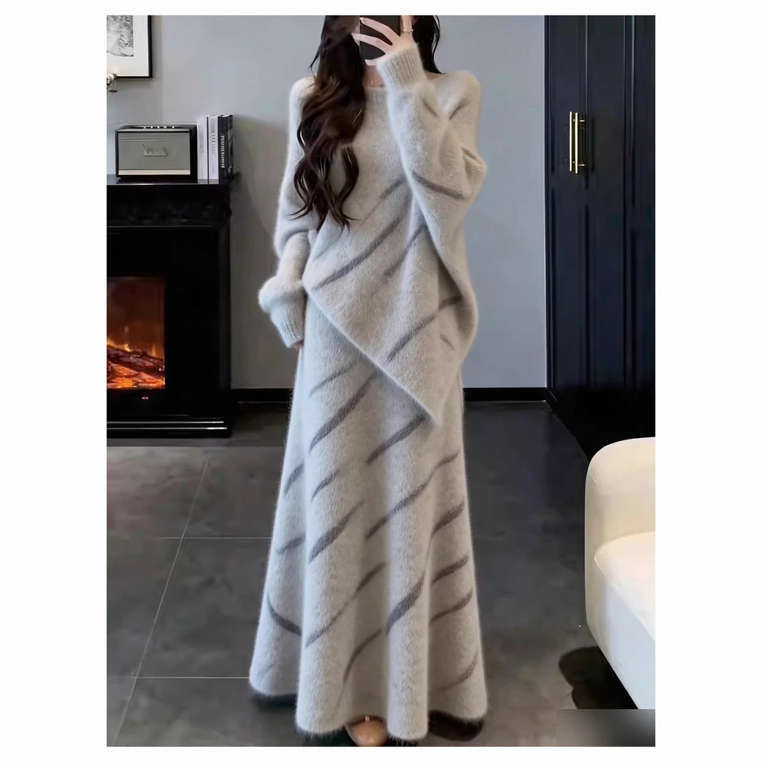 温柔慵懒风立体花朵毛衣半身裙两件套女秋冬显瘦套装女装大码休闲