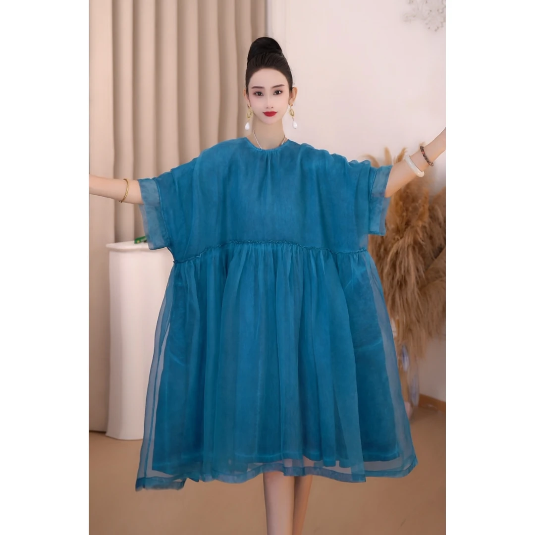 【夕蓝】YAMO2025春夏新款植物染松弛优雅宽松桑蚕丝连衣裙