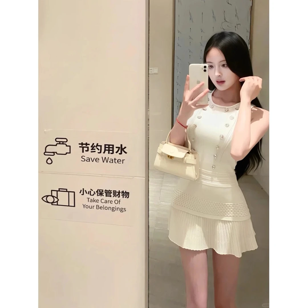 小香风针织套装裙夏圆领无袖双排扣设计背心上衣+半身裙两件套女