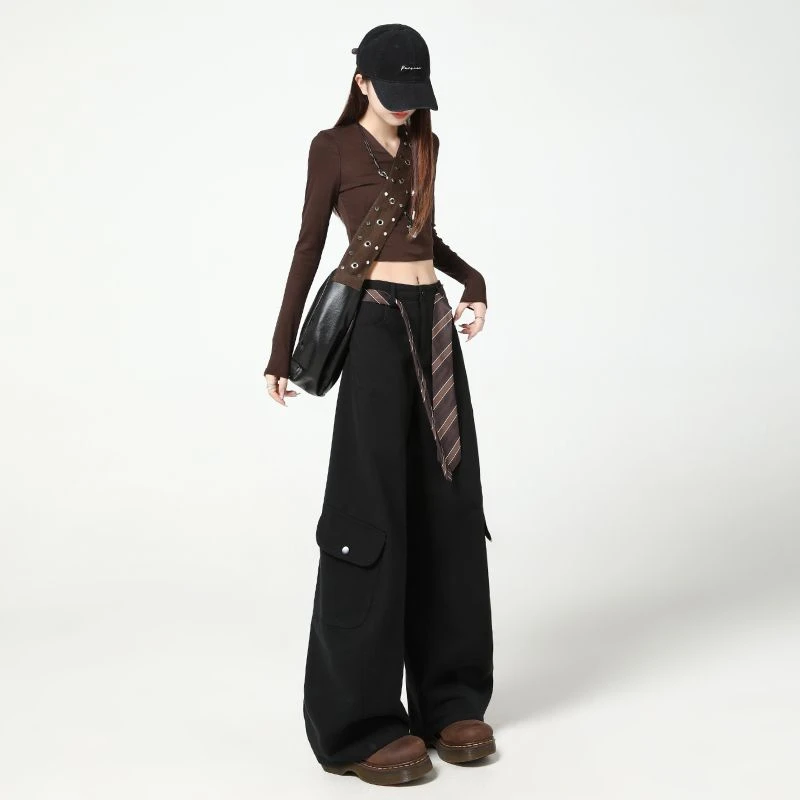 秋季新款美式复古宽松弯刀阔腿工装裤女高腰休闲百搭长裤子