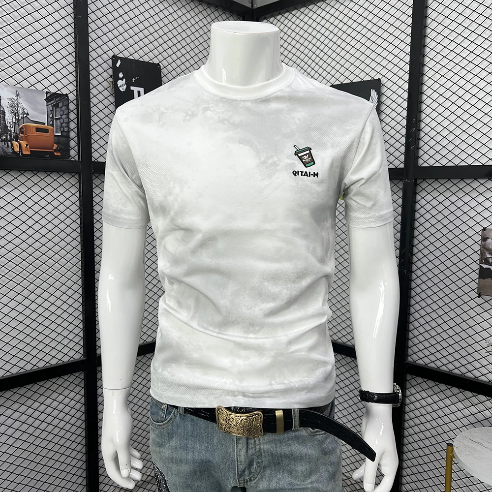 男士时尚短袖圆领白色上衣打底衫潮流修身印花精致韩风休闲体恤衫