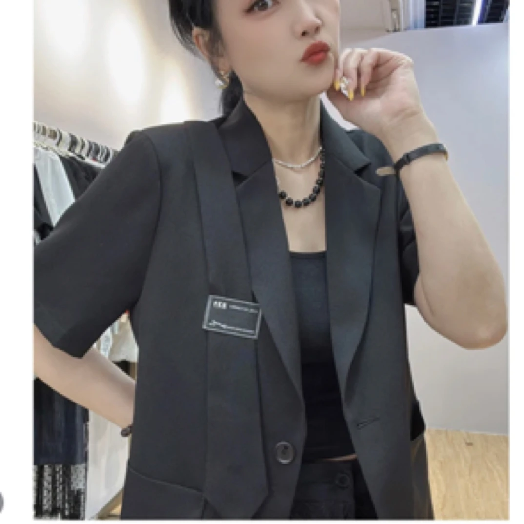 中长款短袖五分袖常规街头西装休闲小西装薄款黑色气质上衣