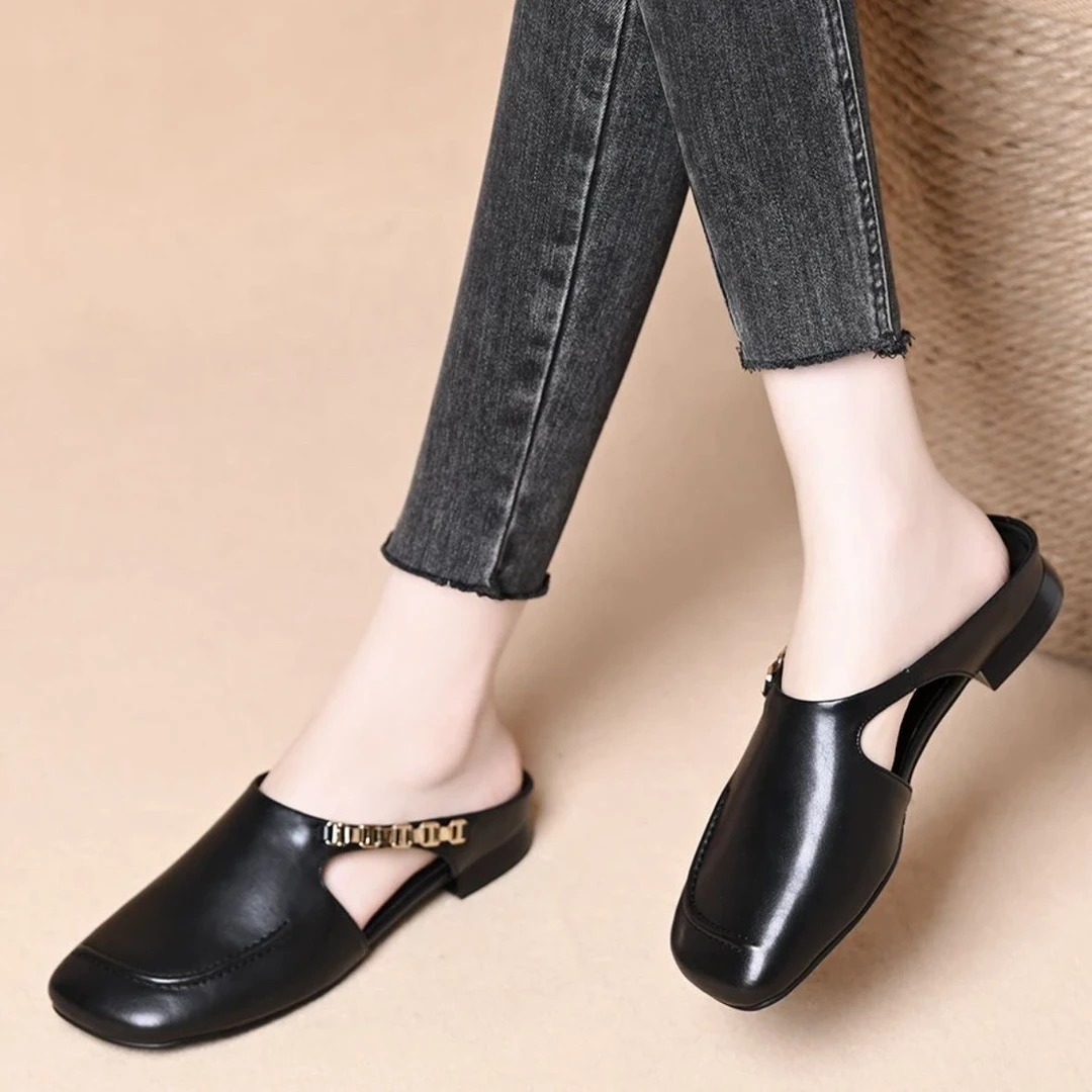 【真皮撤柜】方头半拖鞋女夏季懒人平底一脚蹬博肯凉拖鞋