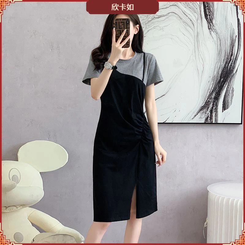 I假两件洋气减龄连衣裙女夏季新款气质开叉显瘦中长款短袖恤裙I