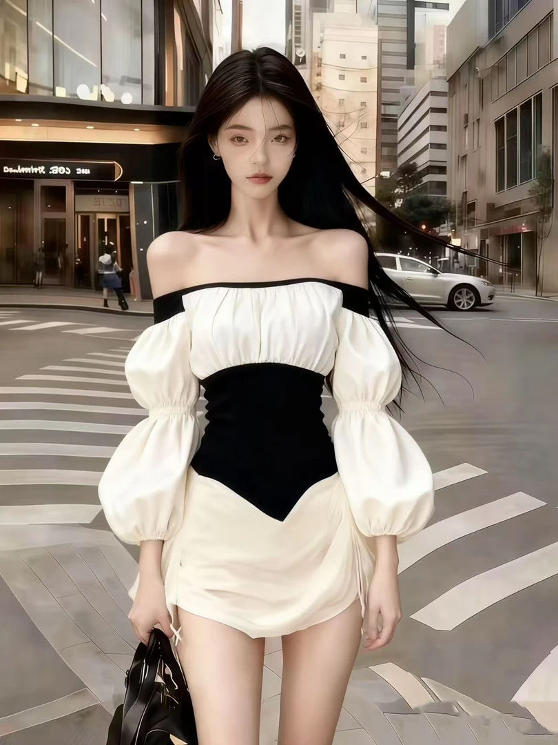 通勤小众时尚百搭高级感撞色一字肩露肩抹胸长袖设计感收腰连衣裙