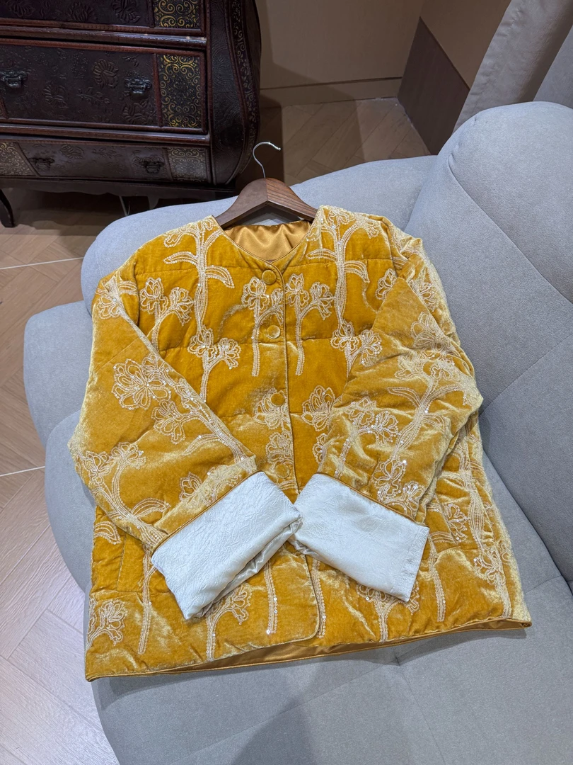重工刺绣亮片金丝绒外套2025冬装新款羽绒服