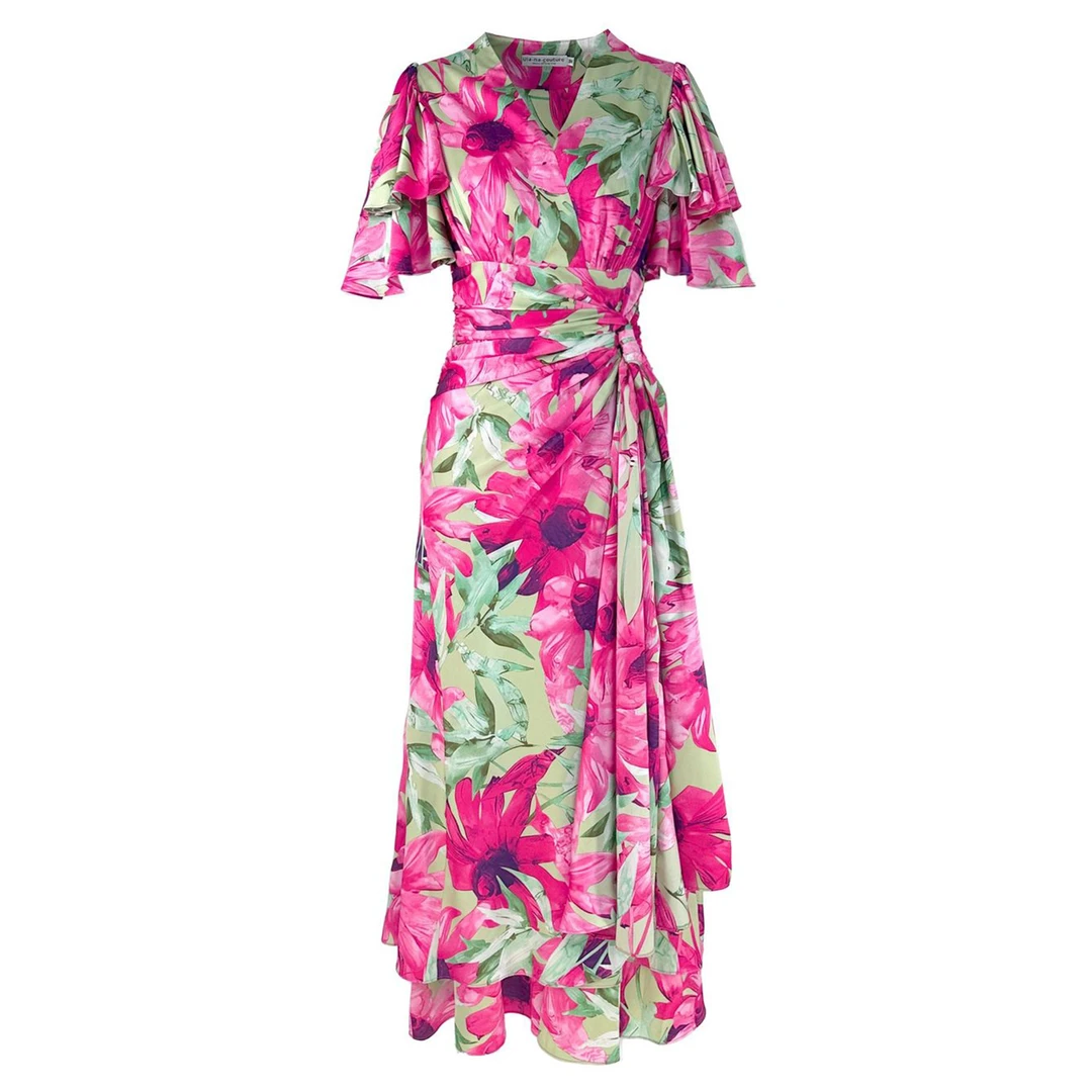 原创时尚印花碎花收腰连衣裙中腰碎花裙礼服高腰A字裙子印花长裙