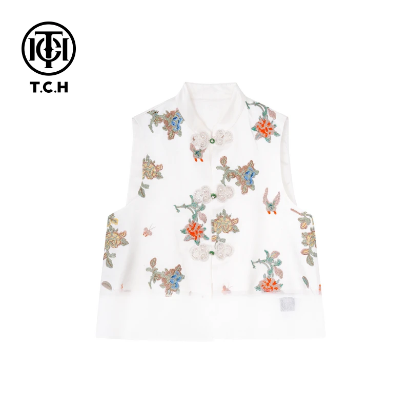 TCH轻奢重工烫钻工艺新中式时尚百搭白色马甲T75A01M9049私服tch