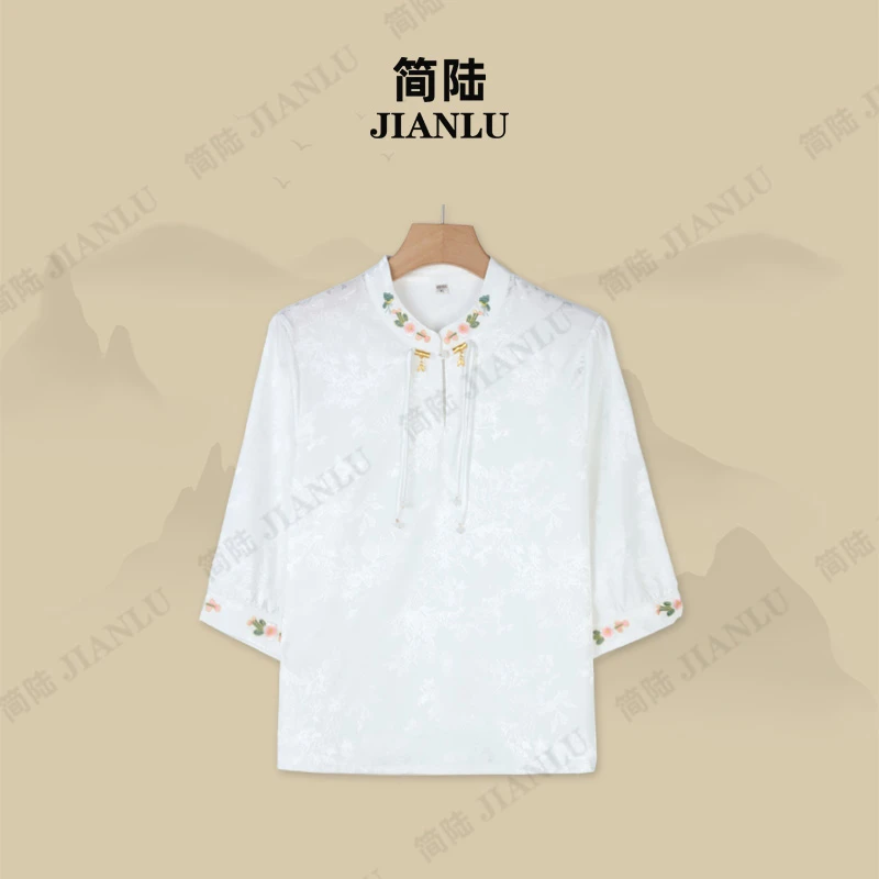 简陆【织月】新中式复古刺绣上衣夏装新款国风盘扣衬衫七分袖-9199