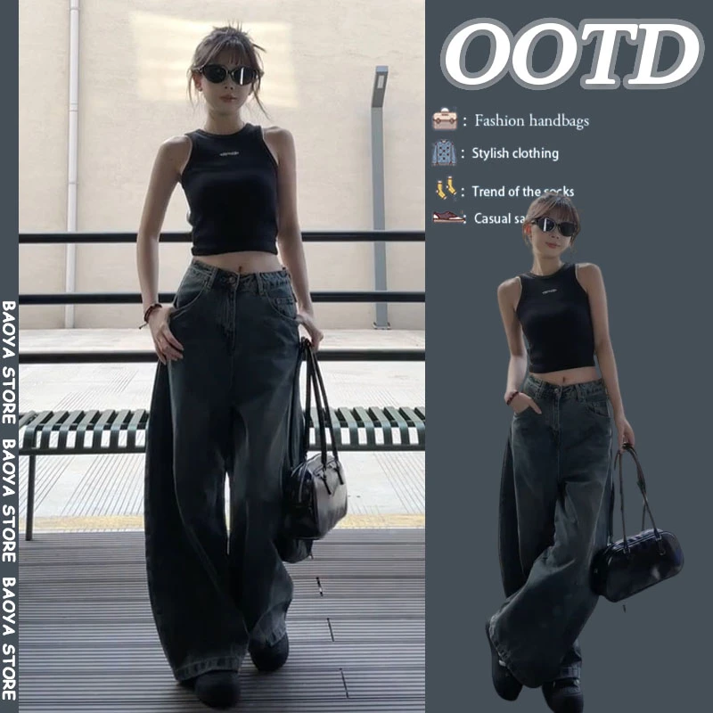 夏季穿搭一整套2025新款时尚辣妹工字无袖背心弯刀牛仔裤两件套装