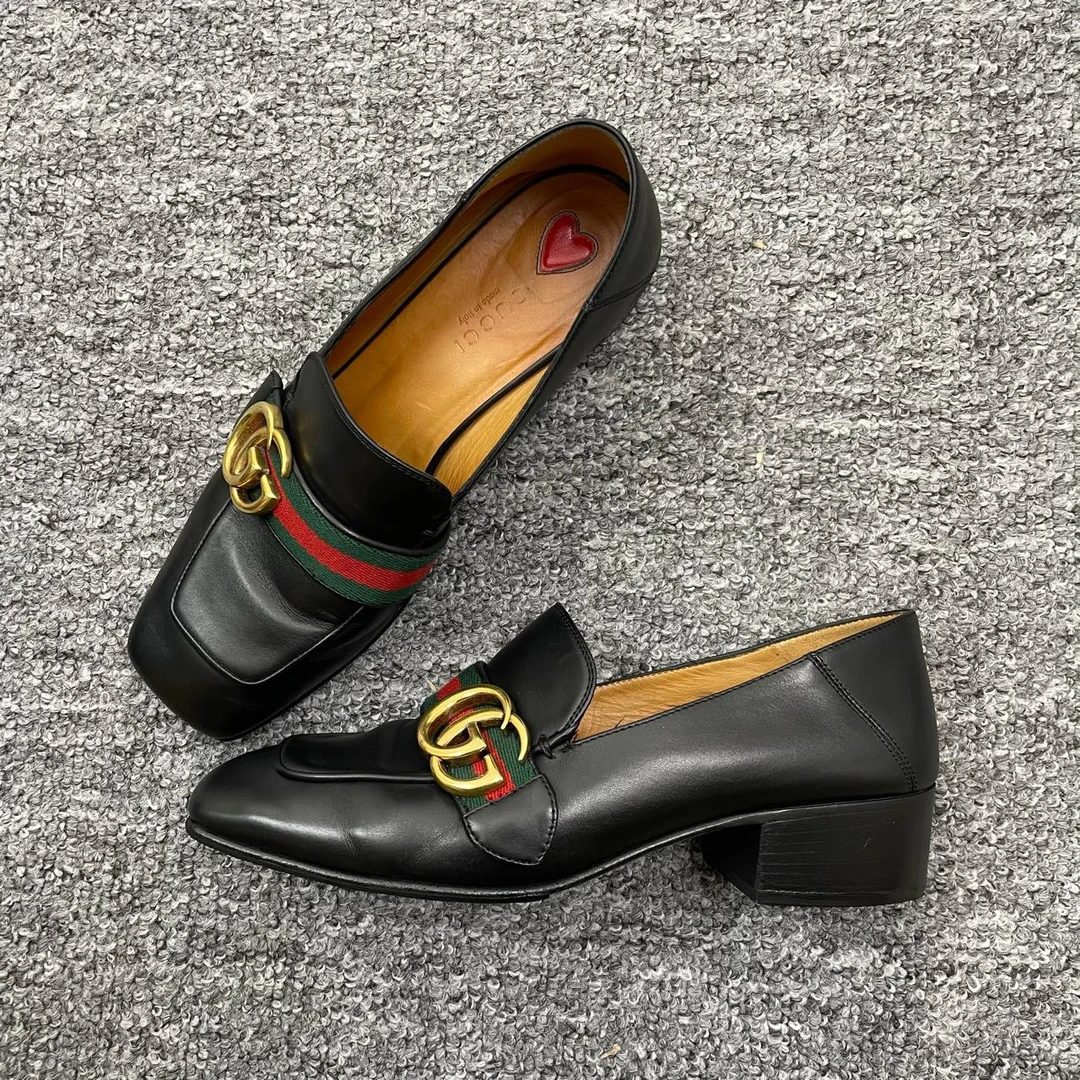 95新 GUCCI/古驰 35.5码/双G条纹织带皮革黑色乐福鞋/编码6120