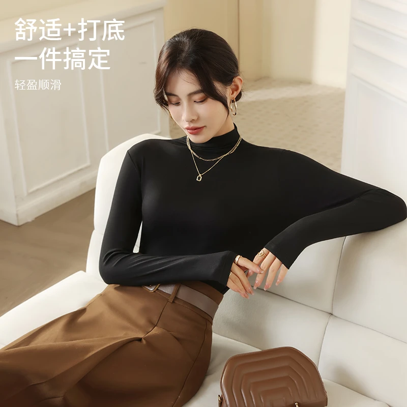 千朔半高领螺纹长袖t恤春秋季新款百搭打底衫女修身显瘦内搭上衣