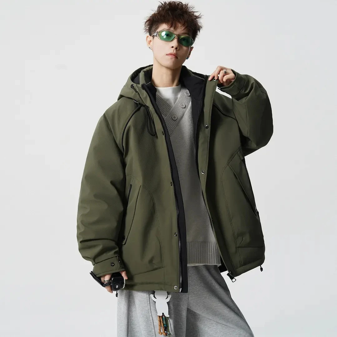 男士羽绒服2025新款冬季加厚流光户外机能风大码连帽保暖工装外套