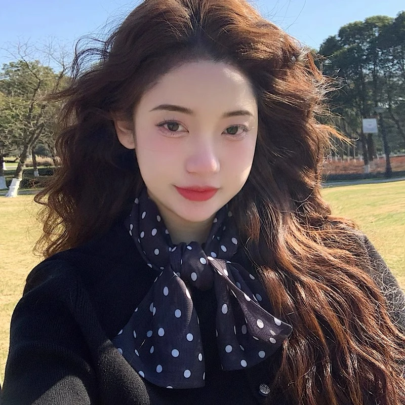 波点长条丝巾女高级感小领巾系脖窄细小围巾韩版复古发带飘带装饰