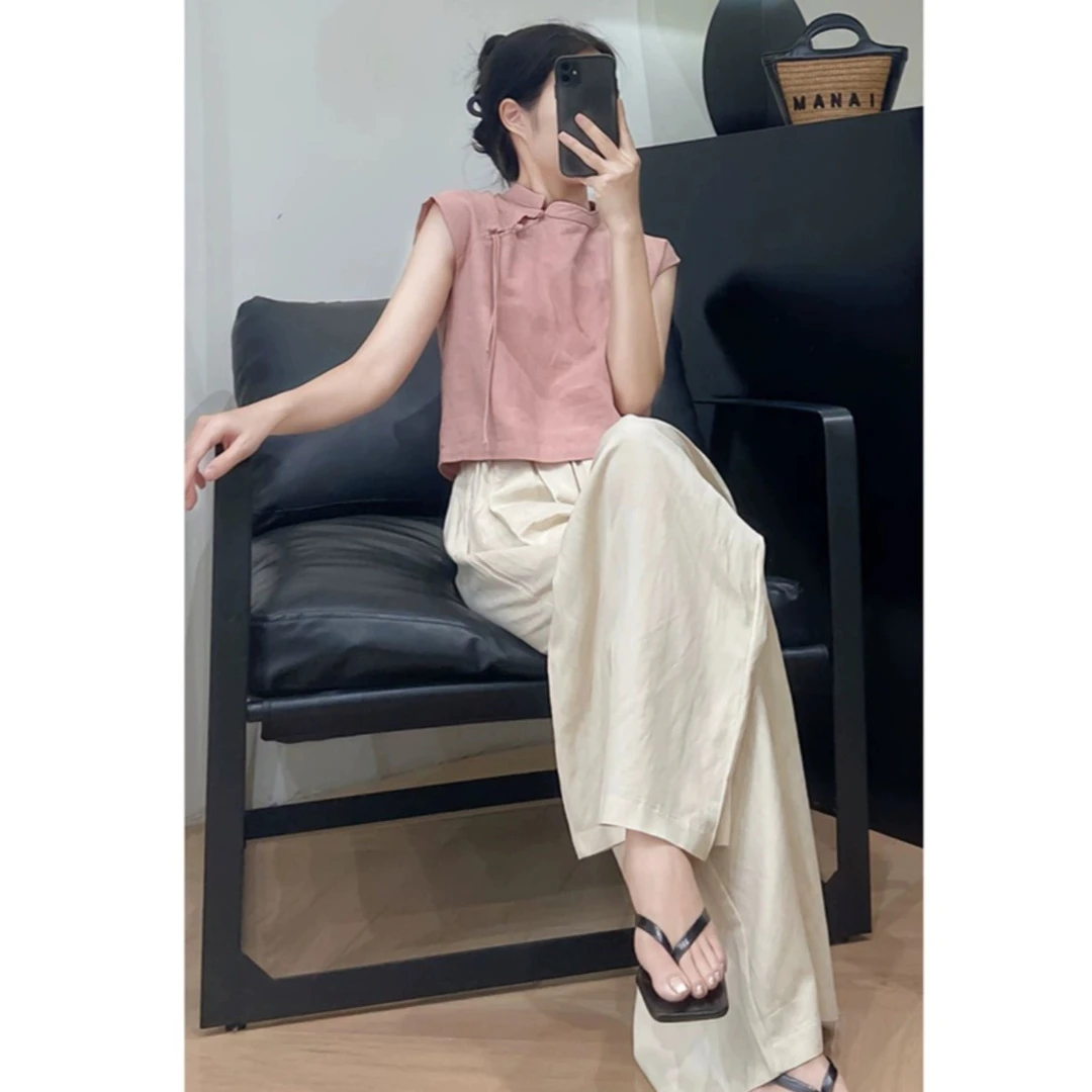 9728夏季新款改良汉服新中式无袖上衣复古国风阔腿裤显瘦两件套女