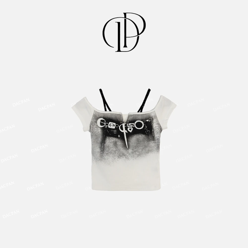 DACPAN-“黑色幻影”喷画假两件露肩上衣 固定胸垫 2025/盼·PP 6304
