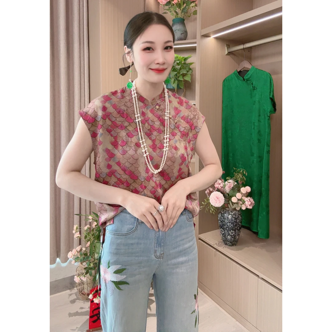 【嫣鳞】夏季2025新款上衣小衫新中式女装国风立领提花气质短袖衬衫