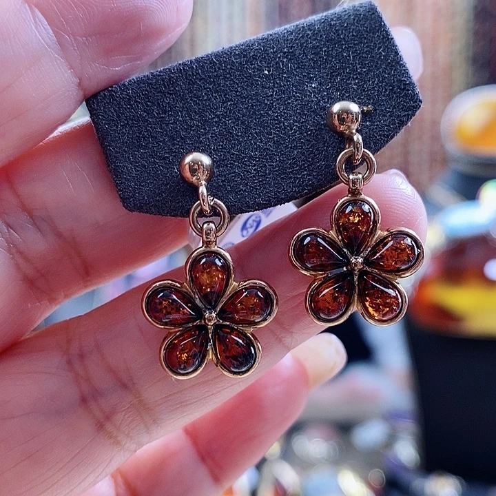 琥珀银S925镶嵌耳饰耳环