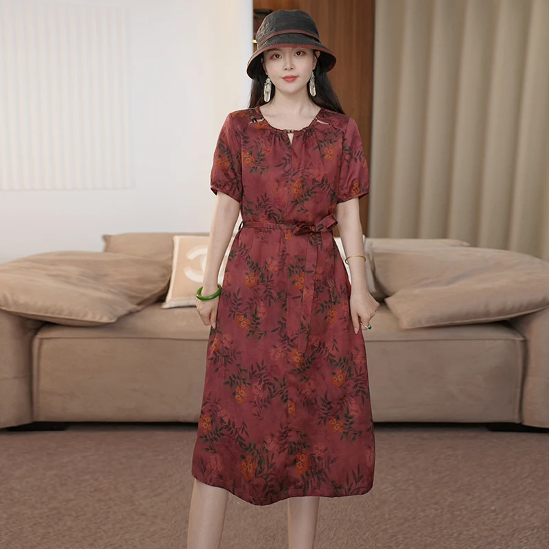 2025夏时尚浪漫大牌杭州真丝连衣裙女气质妈妈香云纱桑蚕丝裙子
