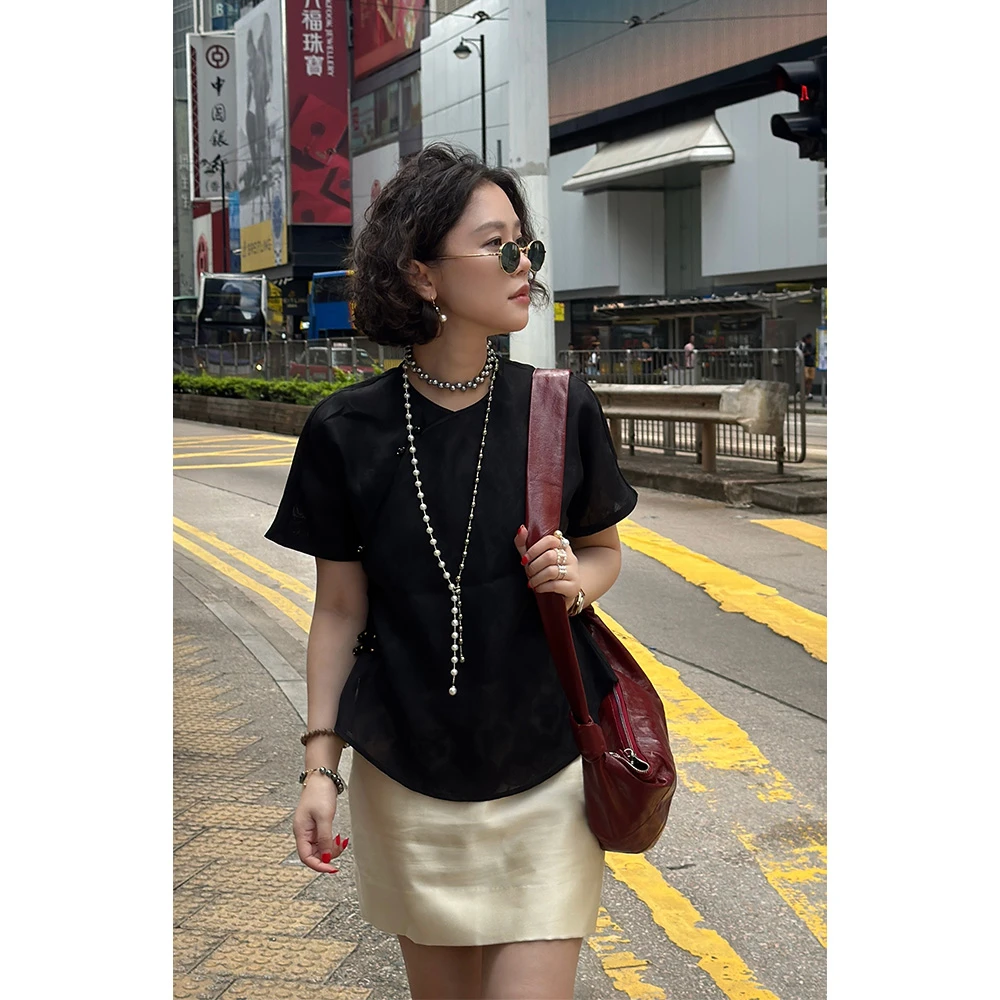 Y【叭哒不惑】古董商 花罗桑蚕丝香云纱斜襟上衣衬衣短袖夏季百搭