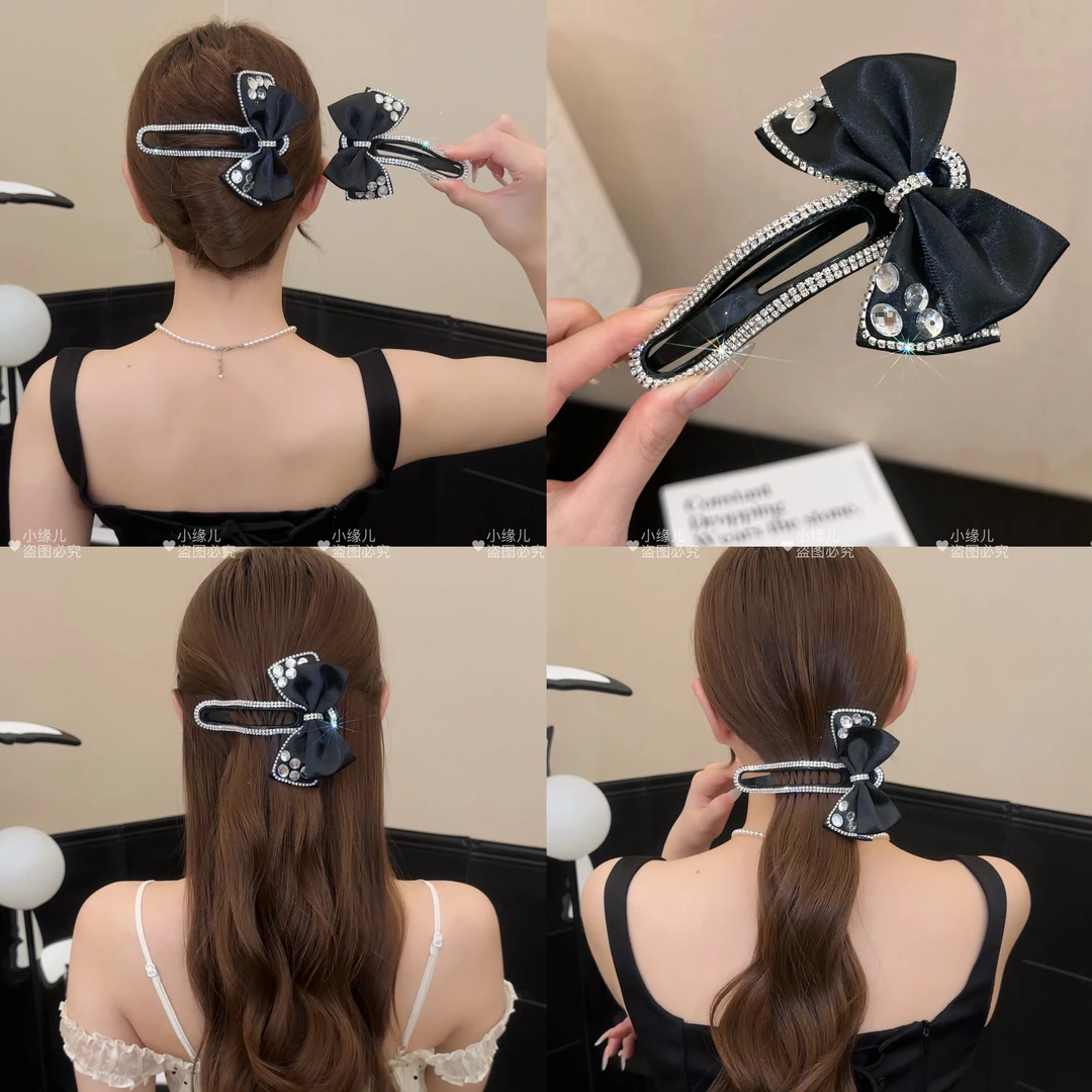 夜宴重工轻奢水钻蝴蝶结鸭嘴夹懒人发夹一字横夹后脑勺盘发夹