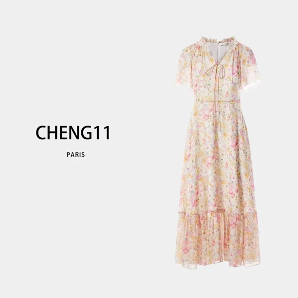 LAI Y-2212木耳边立体印花连衣裙25夏新款收腰度假风裙