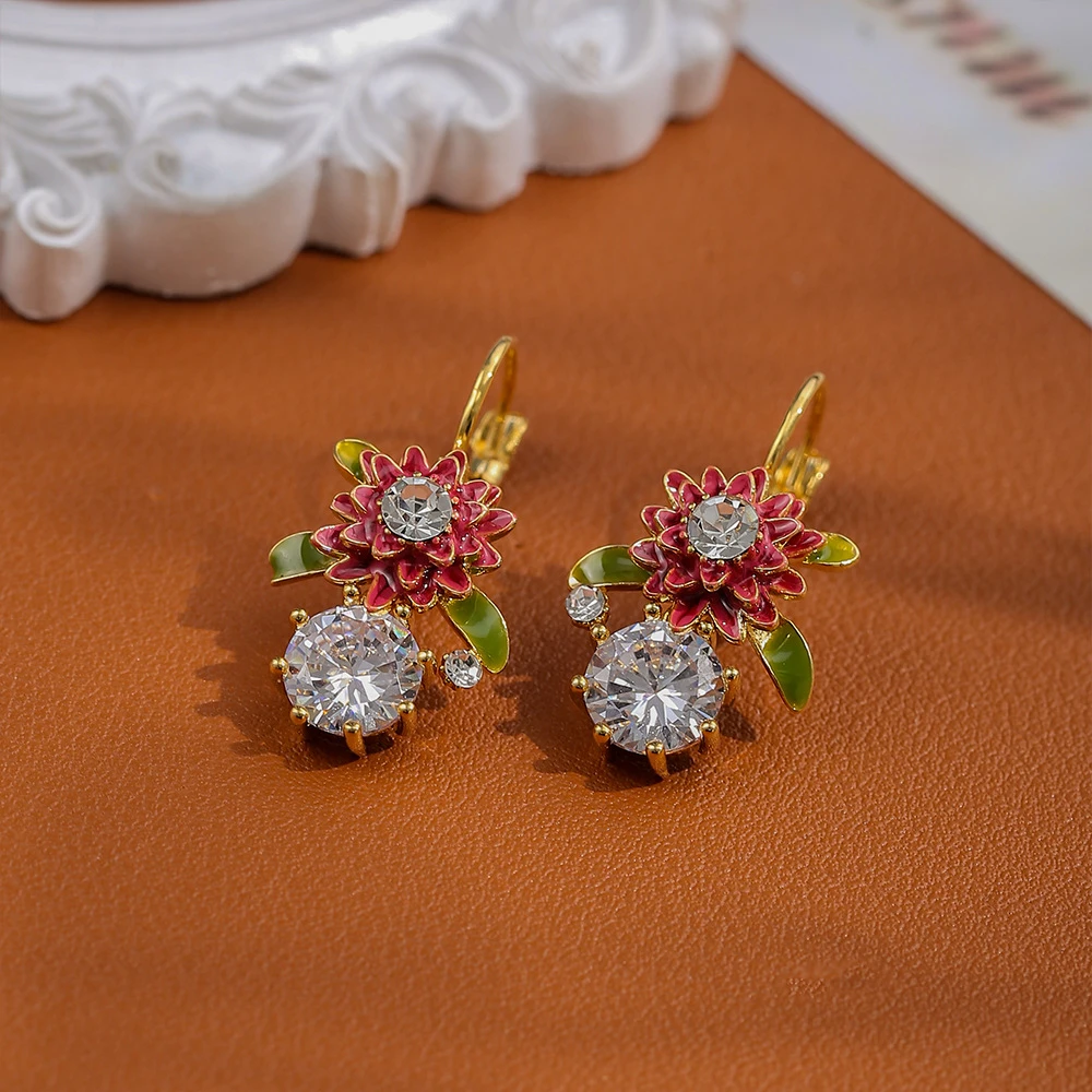 铜合金仿水晶耳饰 超闪花朵耳环高级感轻奢时尚优雅森系精致INS