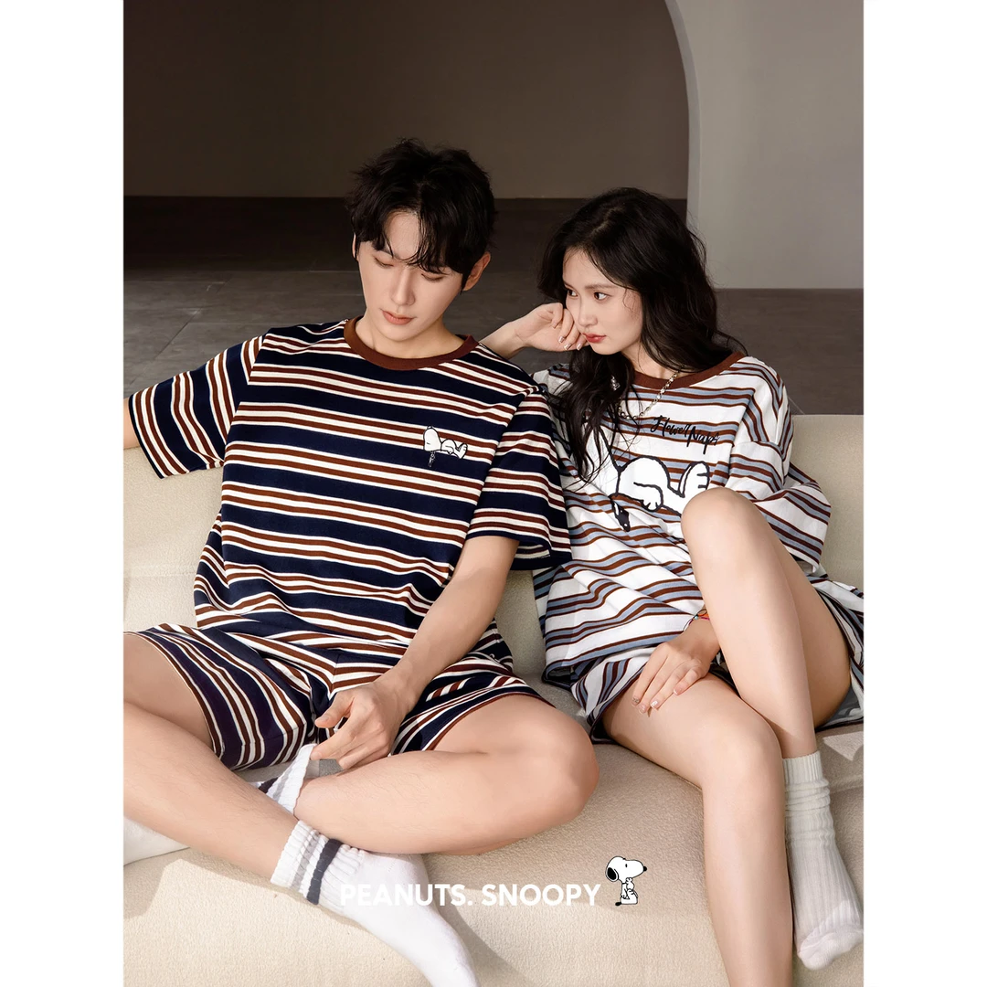 贝妍情侣睡衣女款夏季纯棉短袖史努比家居服休闲条纹男士大码套装