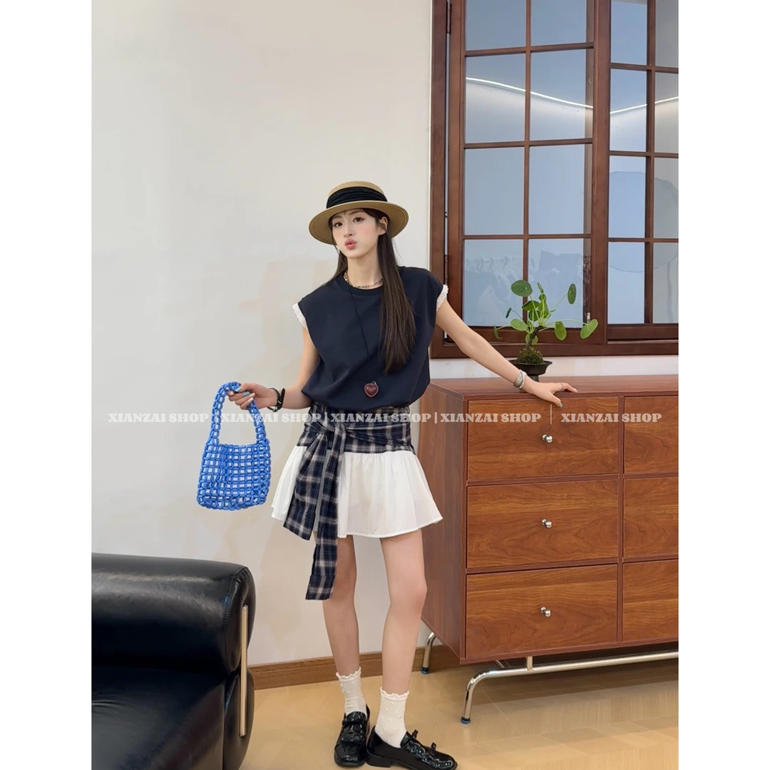 XIANZAI【率性甜酷】夏季新款蕾丝拼接短袖格子绑带短裙两件套装