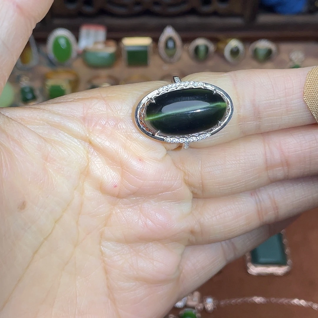 和田玉（碧玉）银S925镶嵌吊坠(不含链)戒指