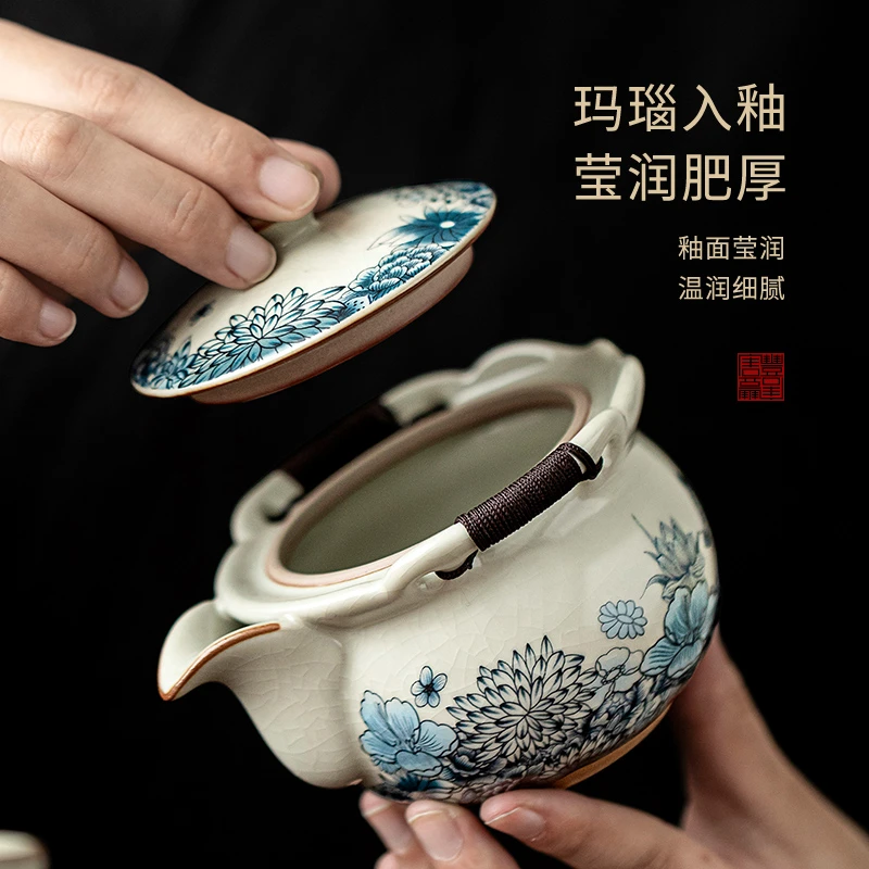汝窑青花手抓壶盖碗茶杯单个高档泡茶壶防烫茶碗家用功夫茶具中式