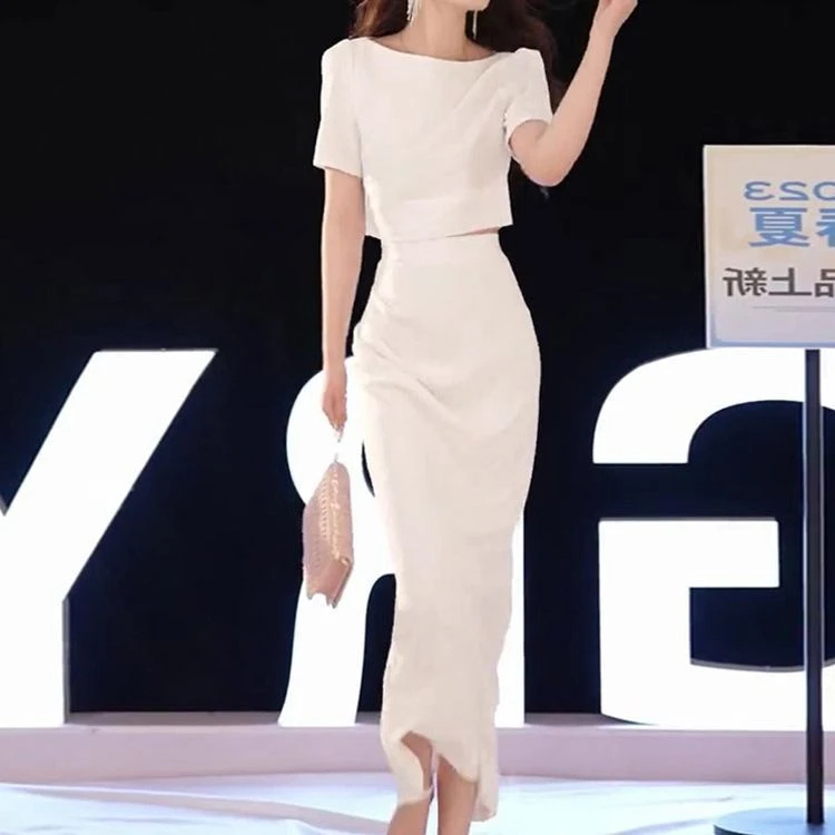 夏季新款法式高级感气质小个子百搭白色修身短袖上衣半身裙套装女