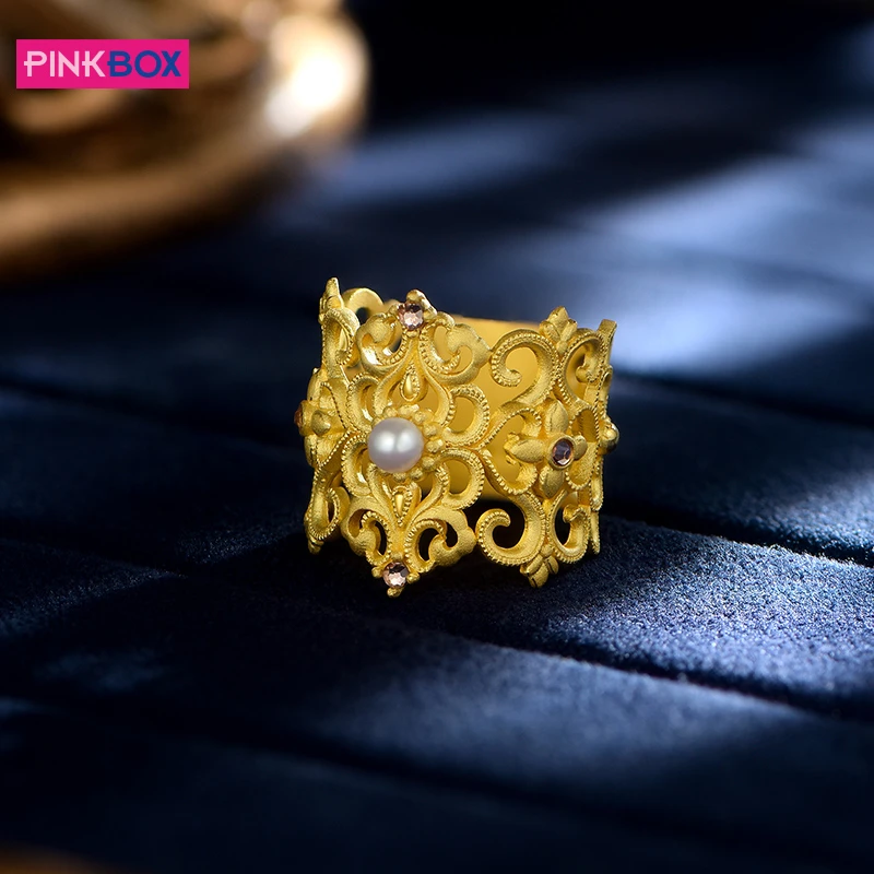 PINKBOX/娉饰珠宝 辘珠浮雕黄金戒指999足金宫廷女戒节日收藏送礼