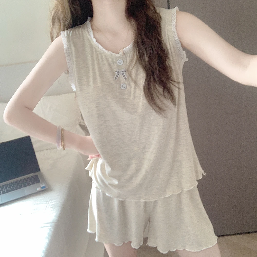 【带胸垫一体】莫代尔背心睡衣女款夏季薄款无袖短裤纯色家居服套装