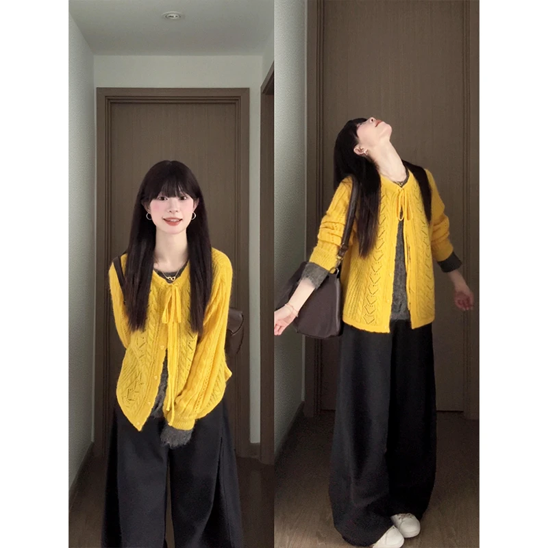 parkyeon韩系假两件撞色麻花长袖针织衫女秋季阔腿休闲裤两件套