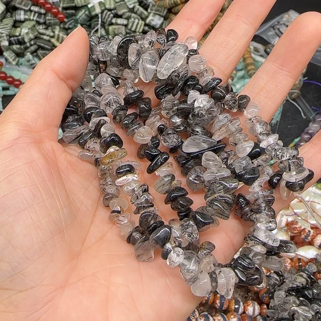 玛瑙/玉髓合金珠宝半成品黑发晶6-8mm随形一条