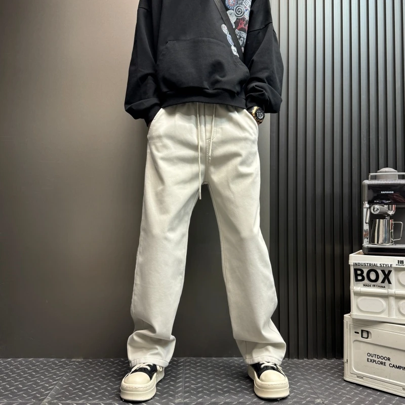 男士秋冬季新款加绒加厚抽绳纯色宽松阔腿休男士纯色抽绳直筒长裤