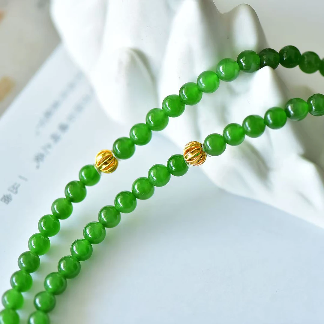 天然和田玉 碧玉 6mm约 18k金 时尚气质 项链