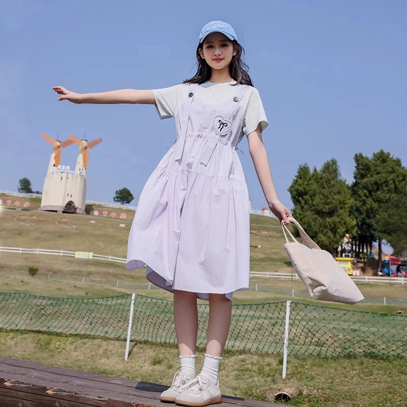 初中生连衣裙2025夏季新款少女假两件背带裙学生时尚女孩收腰裙子