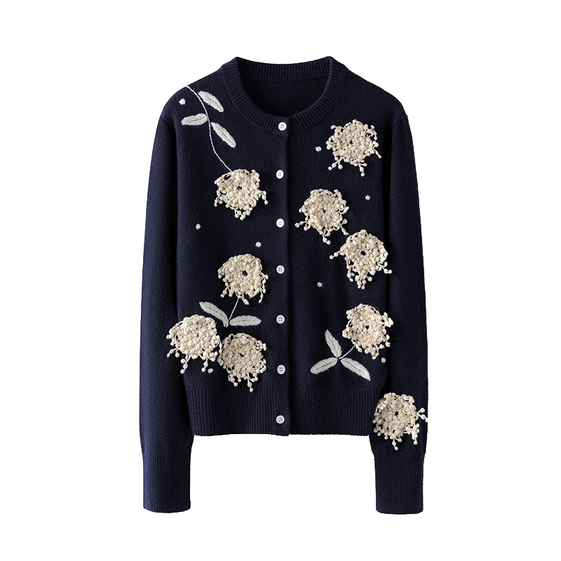 康塞尼藏蓝色圆领菊花立体绣花纯山羊绒大牌同款外套毛衣针织衫