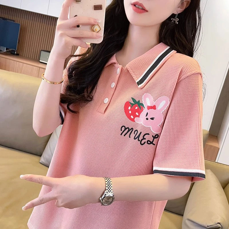 华夫格polo衫短袖t恤女夏装2025新款韩版宽松大码假两件半袖上衣